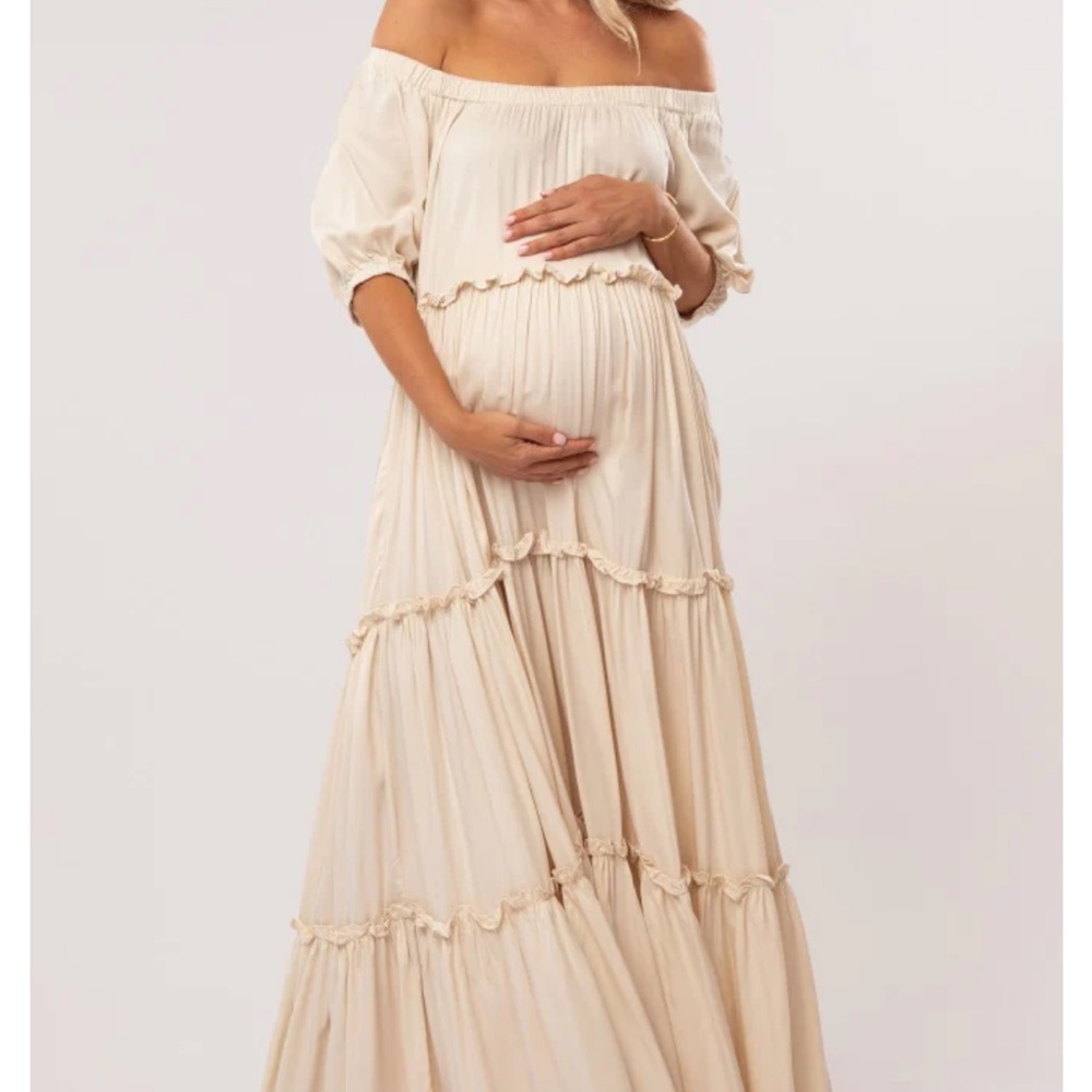 Off the shoulder cream maternity dress
